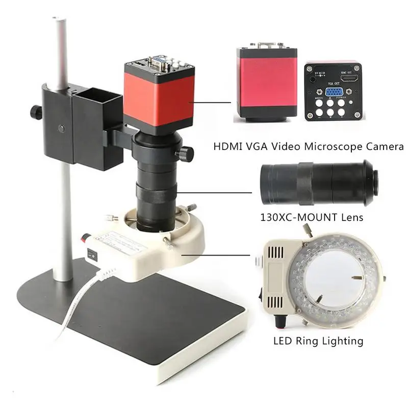  Microscope Sets HD 13MP 60F/S HDMI VGA Industrial Electron Microscope Camera+130X C Mount Lens+56 L