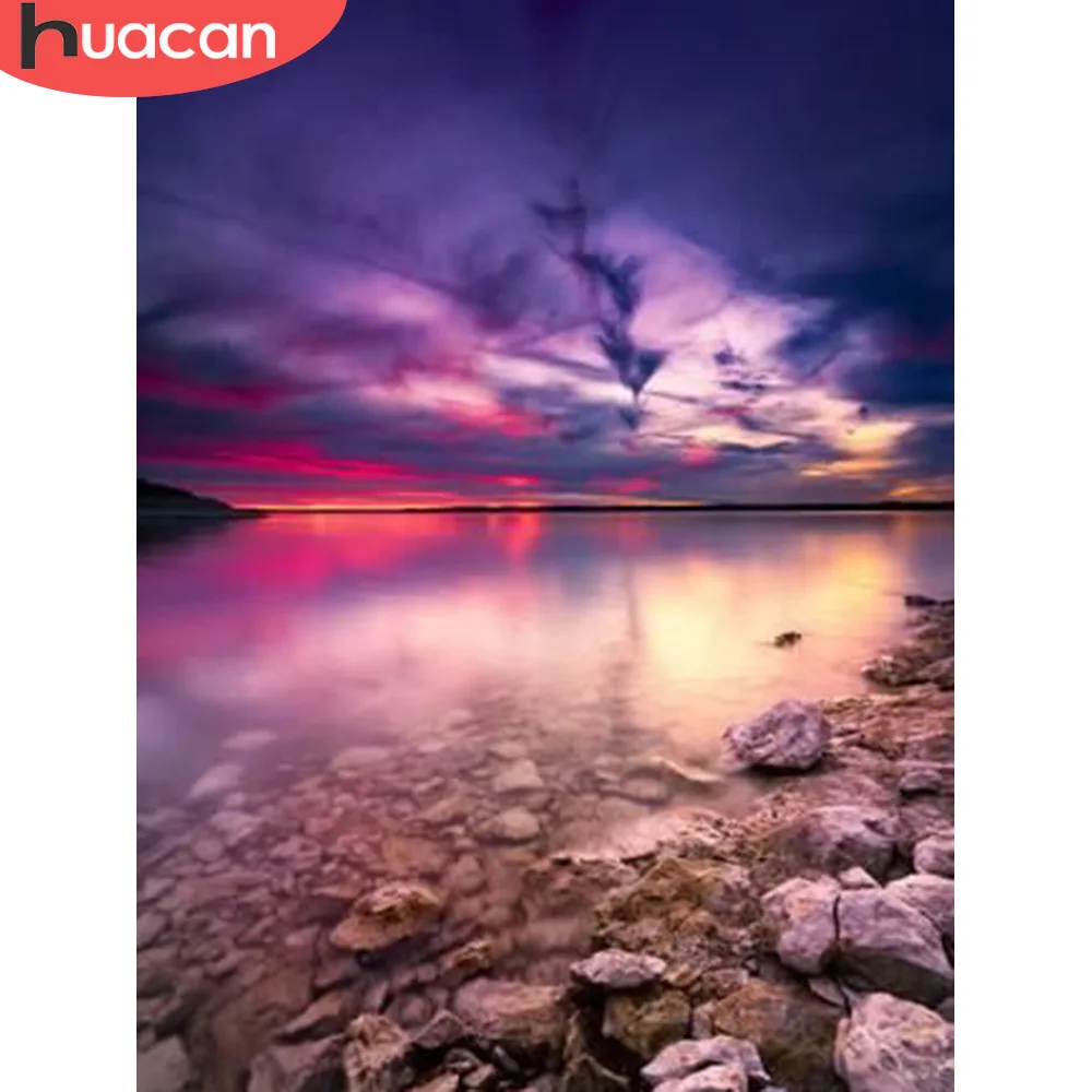 

HUACAN 5D DIY Diamond Painting Seaside Sunset Full Display Full Square Diamond Embroidery Cross Stitch Rhinestone Decor Home