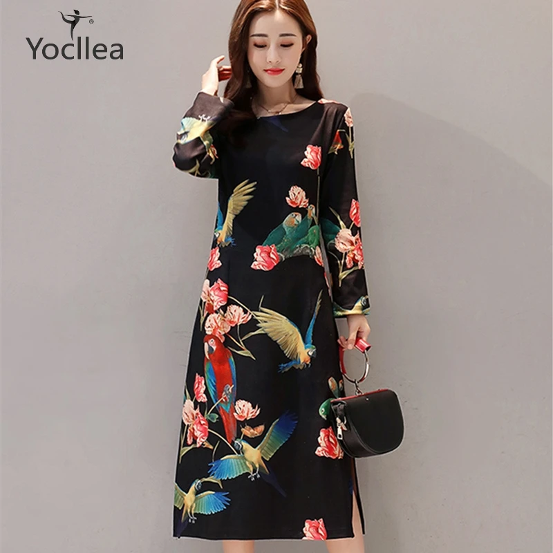 

New Autumn Winter slim Vintage Print Dress Women Plus size clothing office OL O Neck Long sleeve Dresses Vestidos de festa