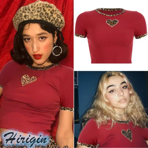 

Sumemr T-shirts 2019 New Summer Women Red Short Sleeve O-Neck Leopard Print Heart Skinny Short T-shirt
