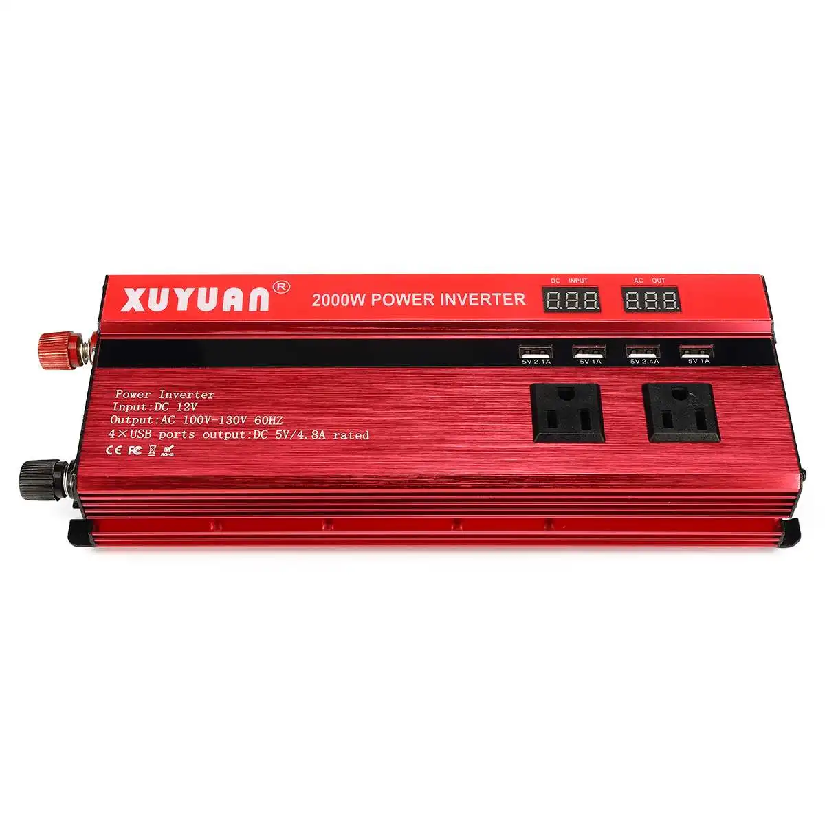 

2000W 4UBS LED Display Power Inverter DC 12V to AC 110V 2 AC Outlets Converter 0.9 Efficiency Protective Circuit Dual Screen