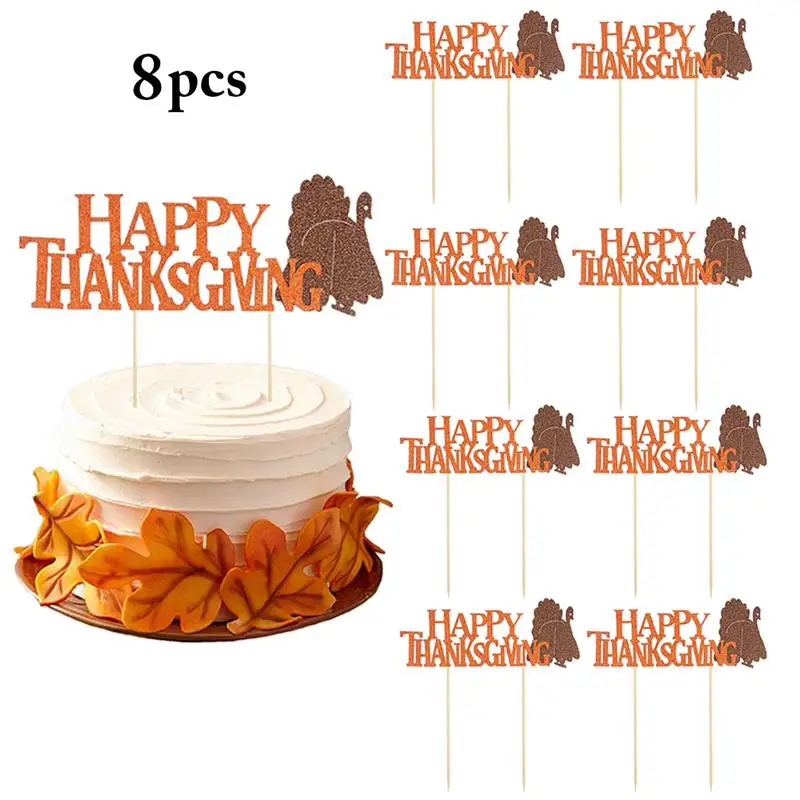 

8 Sets Thanksgiving Cake Topper Decorative Cake Decoration Cupake Topper Sticker Decor Banner Card Baking DIY Accessory