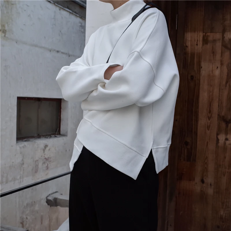  [EAM] 2020 New Spring High Collar Long Sleeve Black Loose Irregular Hem Large Size Sweatshirt Women