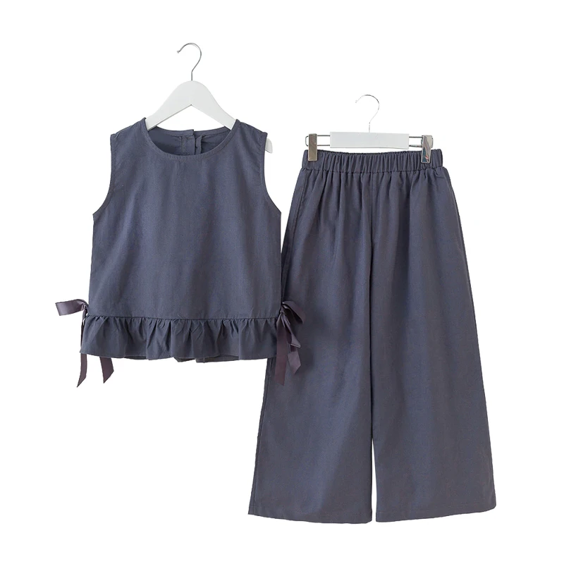

summer sleeveless chinese style cotton 2pc sets simple teenage girls ruffle school outfits age for 4-16 yrs big girls spring set