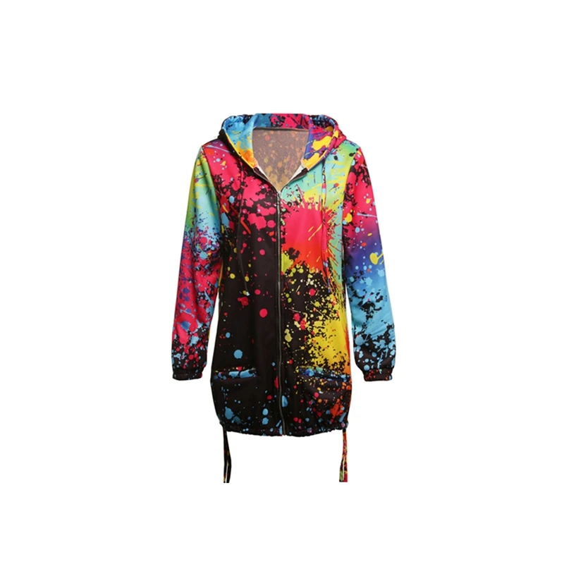 Promo  Women's Long Sleeve Hooded Colorful Windbreaker Jacket Floral Print Zipper Coat Splash-Ink