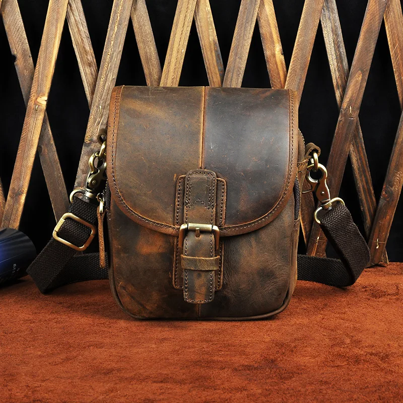 

7' Genuine Leather Belt Cross Waist Pack Casual Men's Small Shoulder Bag Men Crossbody Messenger Bags Cell Phone Camera Packs