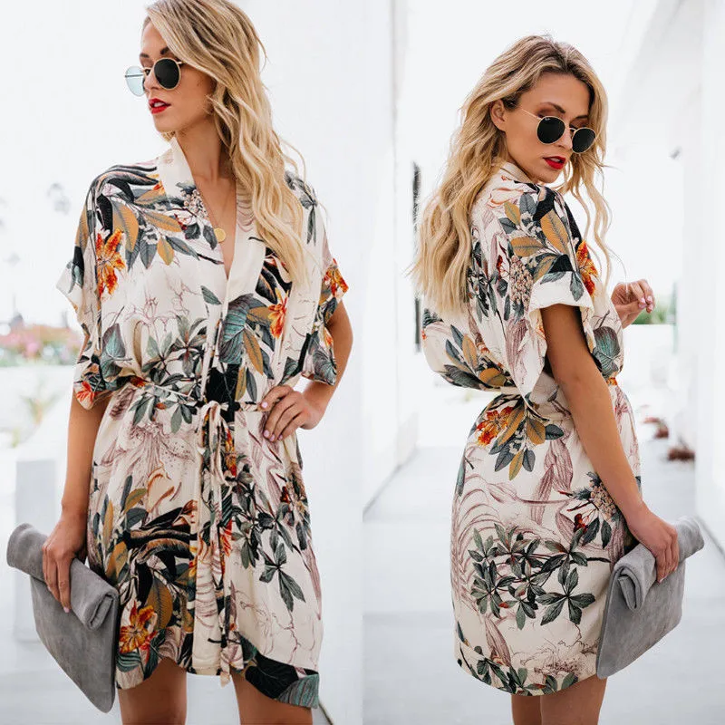 

Women Summer Boho Short Mini Dress Loose V Neck Floral Print Party Beach Dresses Sundress