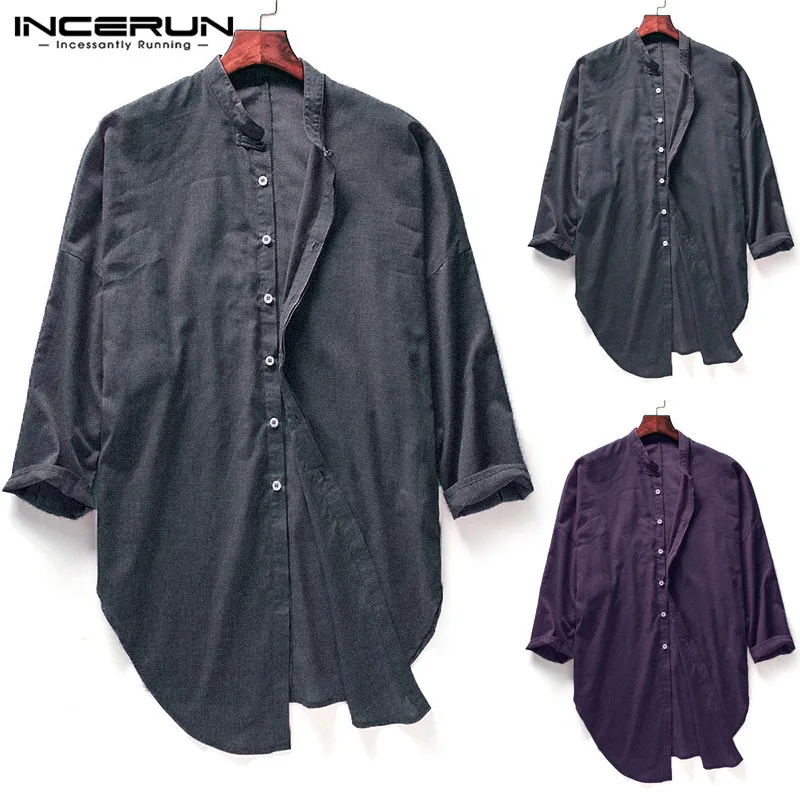 INCERUN китайский стиль рубашка для мужчин с длинным рукавом повседневное Свободные Винтаж рубашки с воротником-стойкой Твердые Уличная 2019