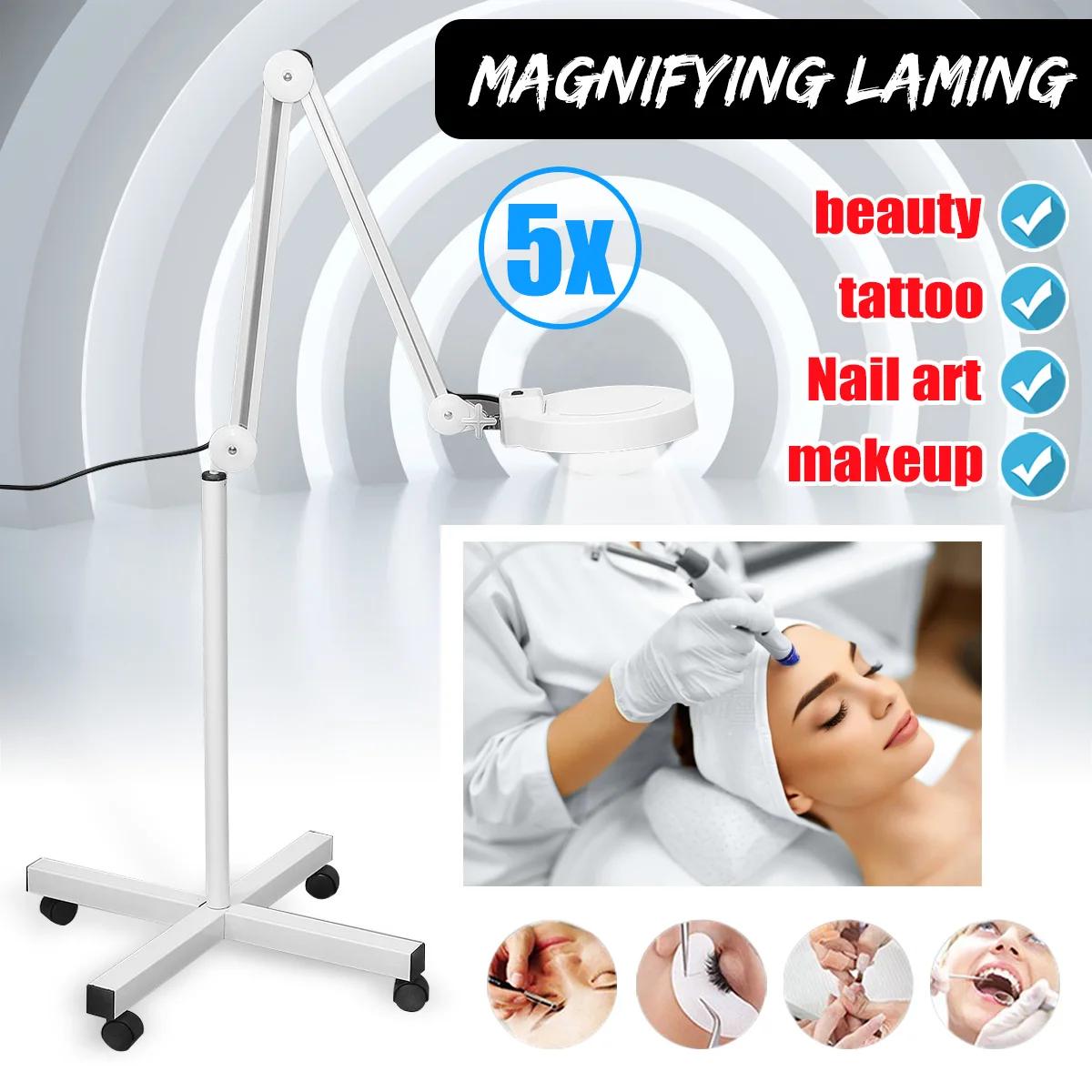 

Makeup Floor Magnifier 5x LED Lamp Light Skincare Beauty Manicure Tattoo Salon Spa For Medical Cosmetology UK US Plug Standard