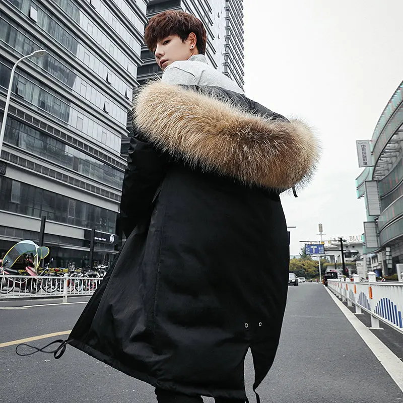 

2018 Latest Men's Classic Business Casual Long European Korean Fashion Big Hair Collar White Duck Quality Cotton Coat Discount