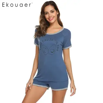 

Ekouaer Women Short Pajamas Sets Sleepwear Suit Casual O-Neck Short Sleeve Cartoon Tops Shorts Pyjamas Set Nightwear