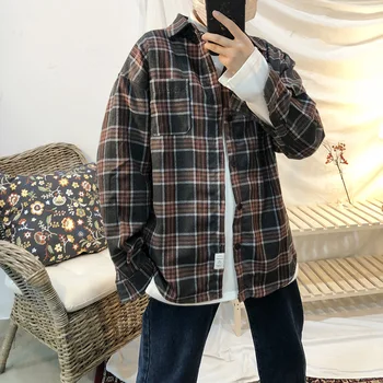

Autumn New Plaid Shirt Men Fashion Retro Casual Shirt Man Streetwear Loose Long-sleeved Shirt Trend Wild Male Clothes M-2XL