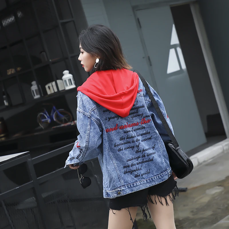 

Letter Embroidery Jeans Denim Jacket With Hood For Women Casual Denim Bomber Jacket Long Sleeve Denim Coat Hooded Denim Jacket