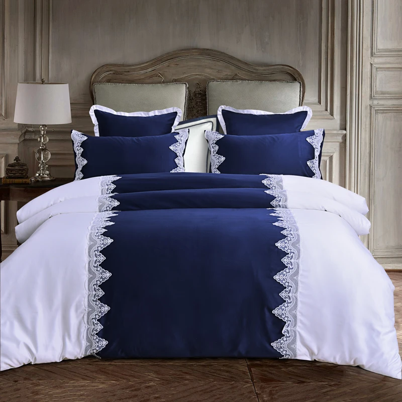 

korean style cotton imitate silk lace bedding set white blue bedclothes 4/6pcs queen king size duvet cover sheet bed linen set40