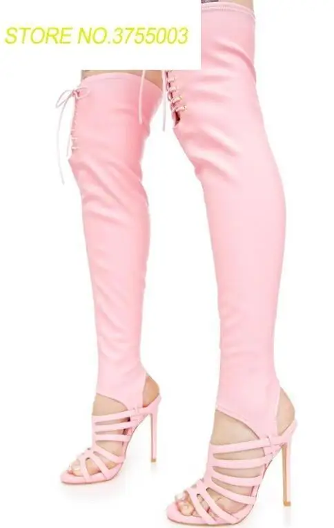

2018 Spring Fashion Slingback Female High Heel Boots Cut Out Straps Women Over The Knee Boots Sexy Stretch Leather Lace Up Boot
