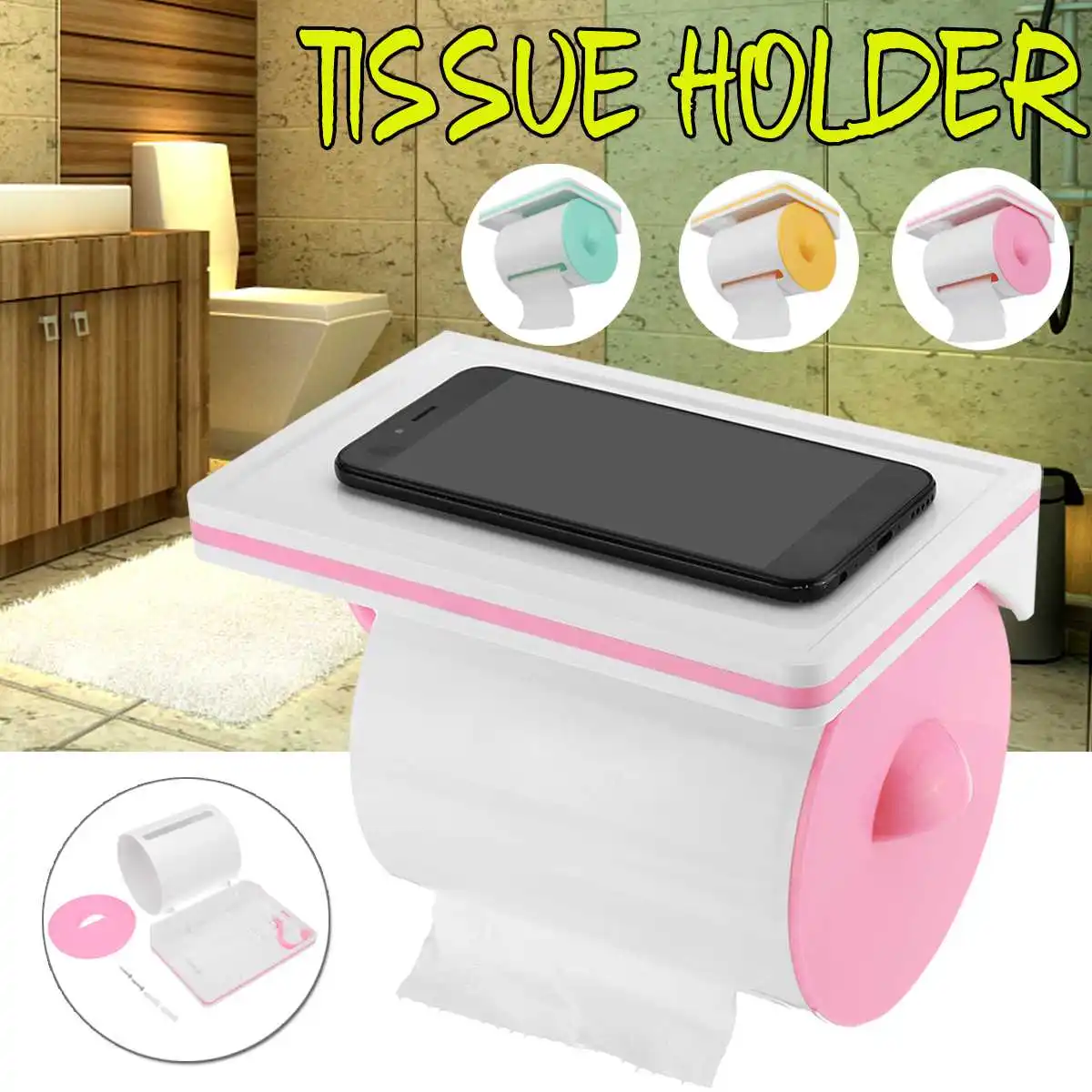

Fashion Bathroom Accessory Wall Mounted Toilet Roll Tissue Paper Holder Shelf Storage Rack Tissue Container Case For Household