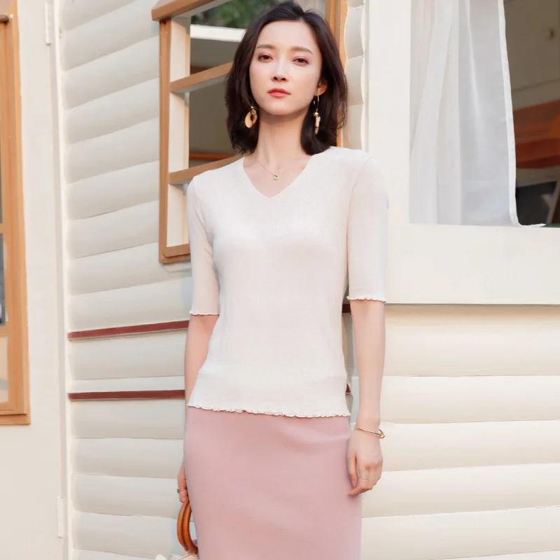 

2019 spring and summer knitted shirt new V-neck slim thin bottom elastic stringy selvedge short-sleeved sweater women F9918