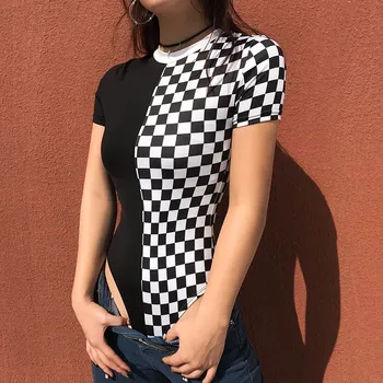 

2019 Fashion Women Plaid Short Sleeve Short Jumpsuit Summer Patchwork Skinny Bodysuit Checkered Body Suits