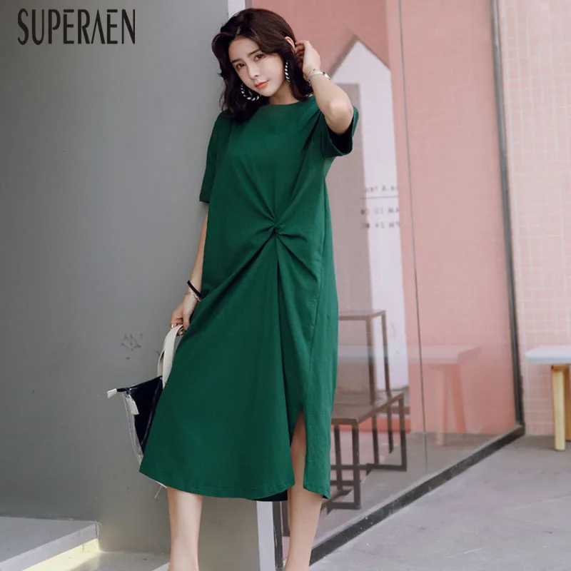 

SuperAen New Korean Style Women Dress Cotton Solid Color Loose Pluz Size Short-sleeved Irregular Dress Female Summer 2019
