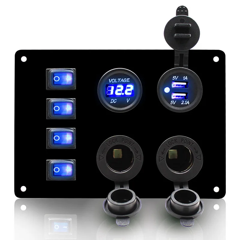 

Switch Panel 4-Gang Blue LED Waterproof Dual USB Rocker Switch Panel Charger Car Marine Boat Protected LED Light Rocker