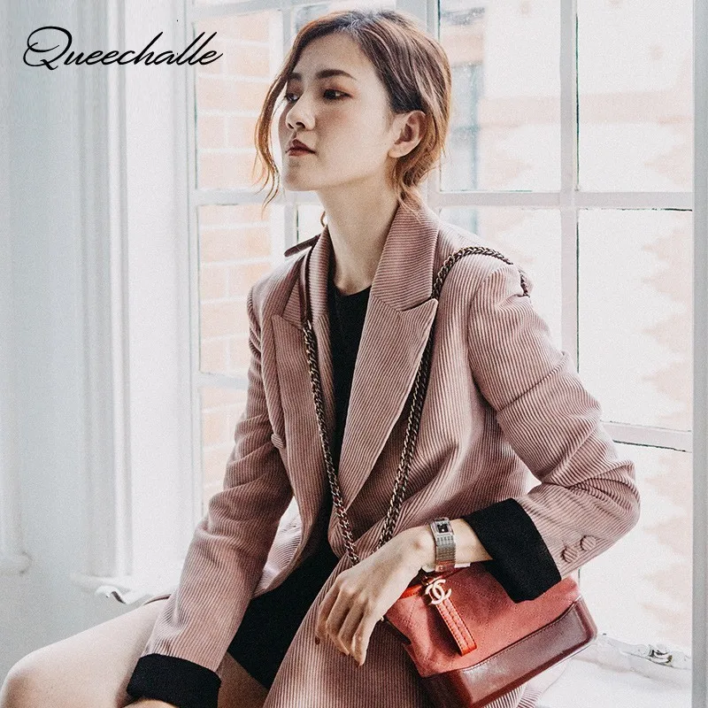 

Queechalle Pink Color Corduroy Suit Jacket Women Autumn Winter Notched Women's Blazer Coat Slim Office Lady Outerwear Female