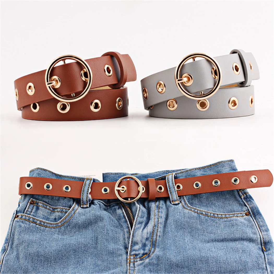 2019 nuevos cinturones de cuero a la moda mujer cinturón de hebilla de Metal redondo dorado para mujer vaqueros|Cinturones de mujer| -