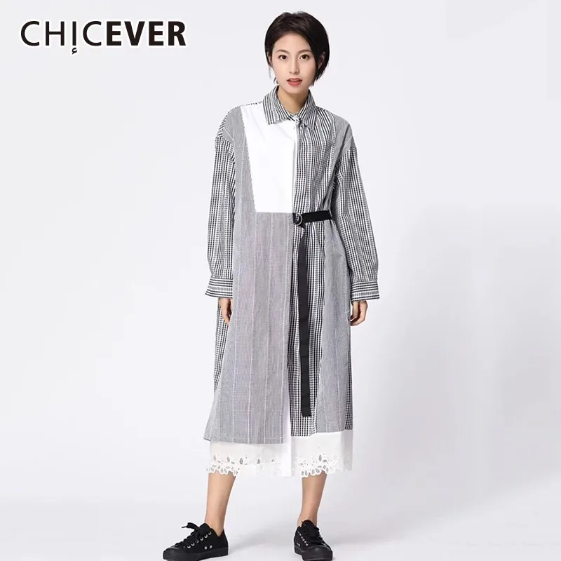 

CHICEVER Patchwork Lace Dress For Women Lapel Long Sleeve Lace Up Hit Colors Plaid Dresses Spring Fashion Clothes New 2019