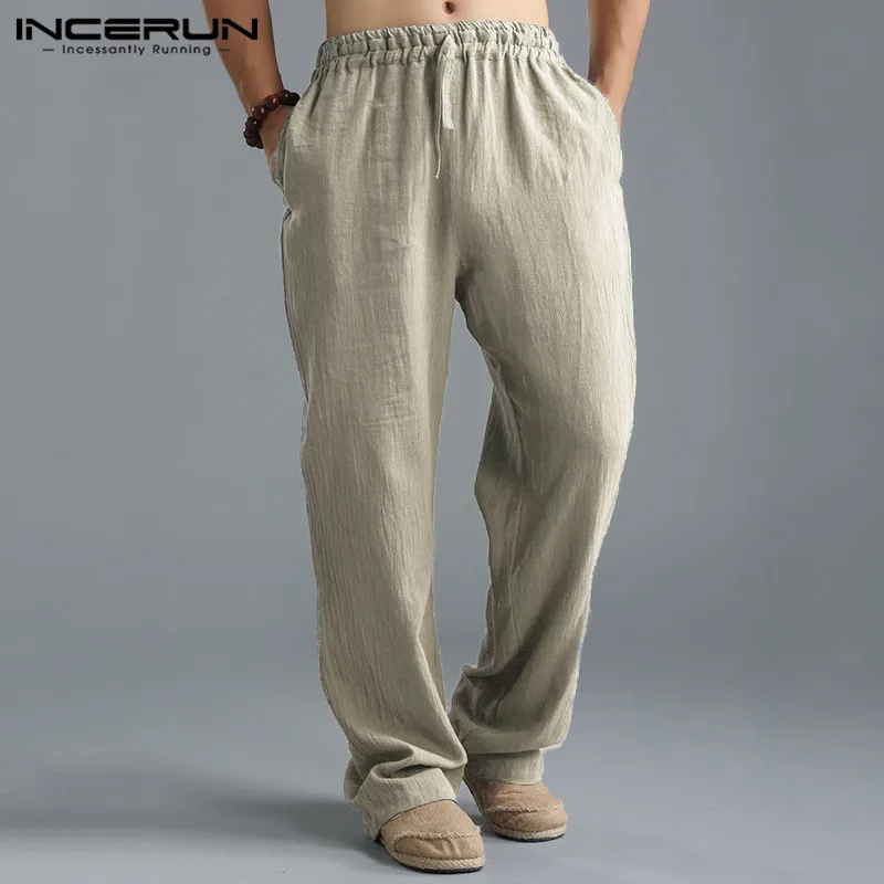 2019 Linen Men's Trousers Solid Drawstring Loose Casual Cotton Straight Pants