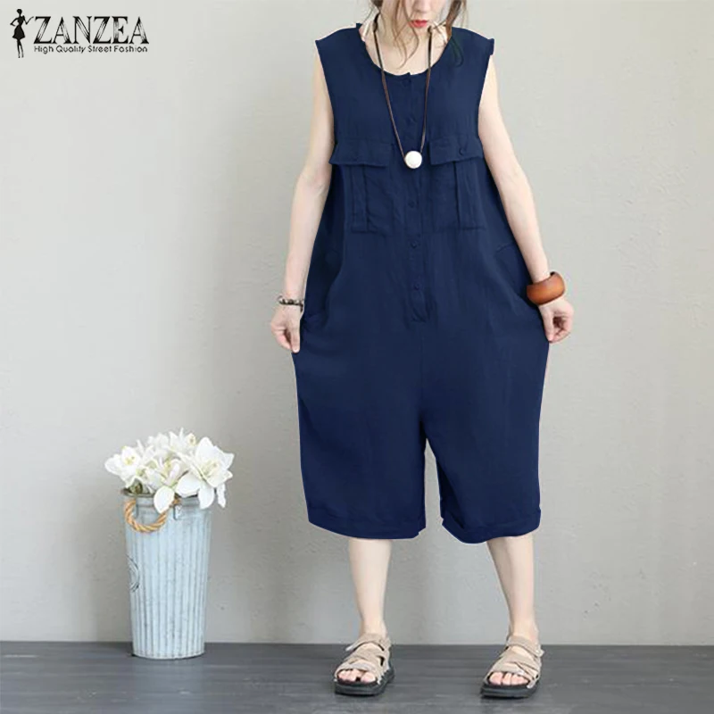 

ZANZEA Women's Cotton Linen Pants Rompers 2019 Summer Sleeveless Wide Leg Jumpsuits Vintage Playsuits Femme Overalls Pantalon