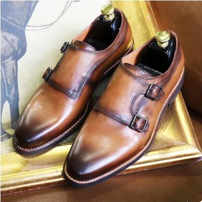 

men's double buckled monk shoes Black/Brown color round toe genuine leather shoes men casual business monk shoe EU44