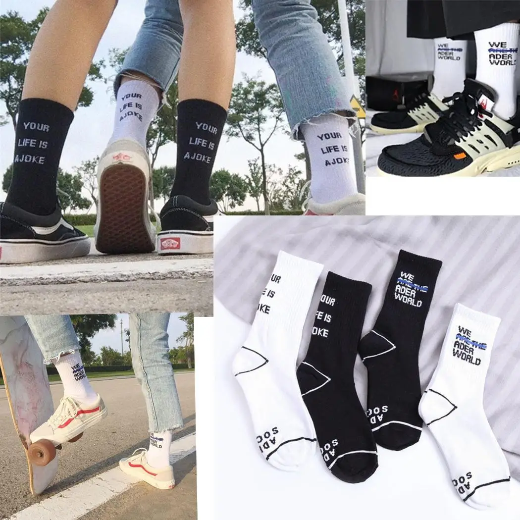 

10 Letter YOUR Socks Fashion White Print 10 WE Personality 4 4 Long Black Socks 5cm H Casual Cotton Unisex 2inch