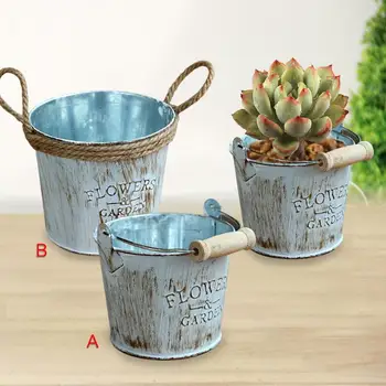 

2pcs Vintage Chic Metal Crafts Hemp Cords Laces Twined Iron Buckets Pots Succulent Plants Storage Flowerpots Vases Decoration