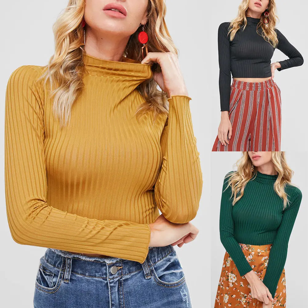 New Womens Ladies Long Sleeve Stretch High Turtle Neck Knitted Crop Top T Shirt Short Tops Tee Shirts | Женская одежда