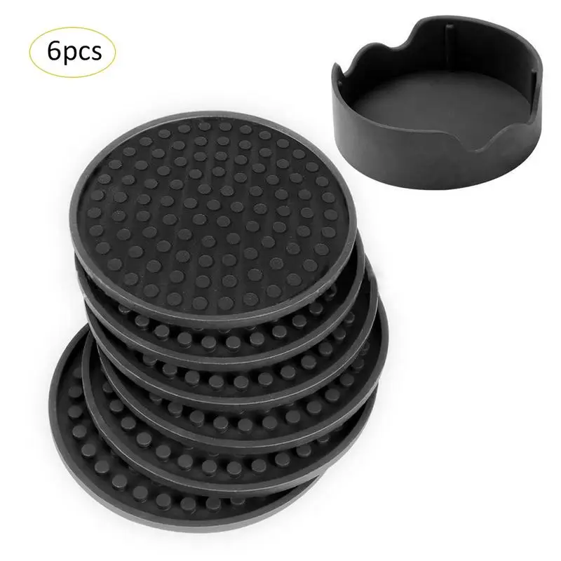 

Round Coaster 6 Piece Set Silicone Coaster Non-toxic Heat-insulating Beverage Coasters With Stand Waterproof No Fading