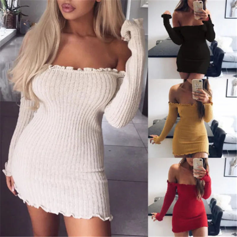 

Hot Slash Neck Women Knitted Long Sleeves Short Mini Dress Off Shoulder Autumn Winter Slim Evening Party Dreeses