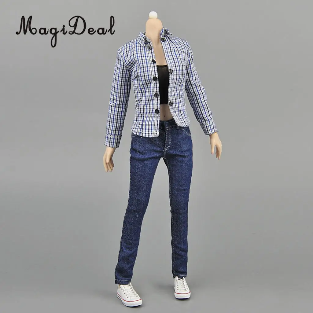 

1/6 Scale Female Blue Lattices Shirt&Jeans Cowboy Costume Women Clothes for 12 inch Action Figures Collectible DIY Accs