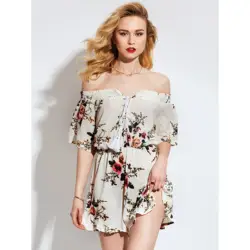 Boho Playsuit для женщин Slash средства ухода за кожей шеи кружево до элегантные модные Цветочный Принт Кисточкой повседневное путешествия пляж с