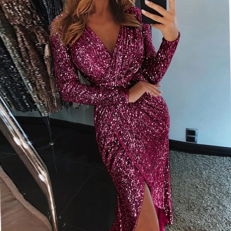 

2018 Fashion Winter Women Split Night Dress Long Sleeve Black Sequin Night Club Bodycon Party Dresses Elegant Bandage Dresses