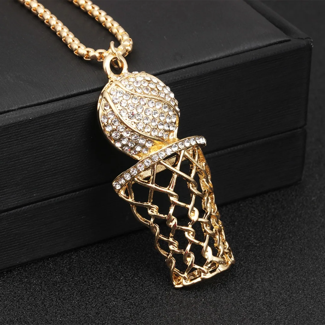 

Men Hip Hop Crystal Cuban Chain Necklace Sport Basketball Hoop Net Gold Chain Pendant Necklace Shellhard Fashion Rock Jewelry