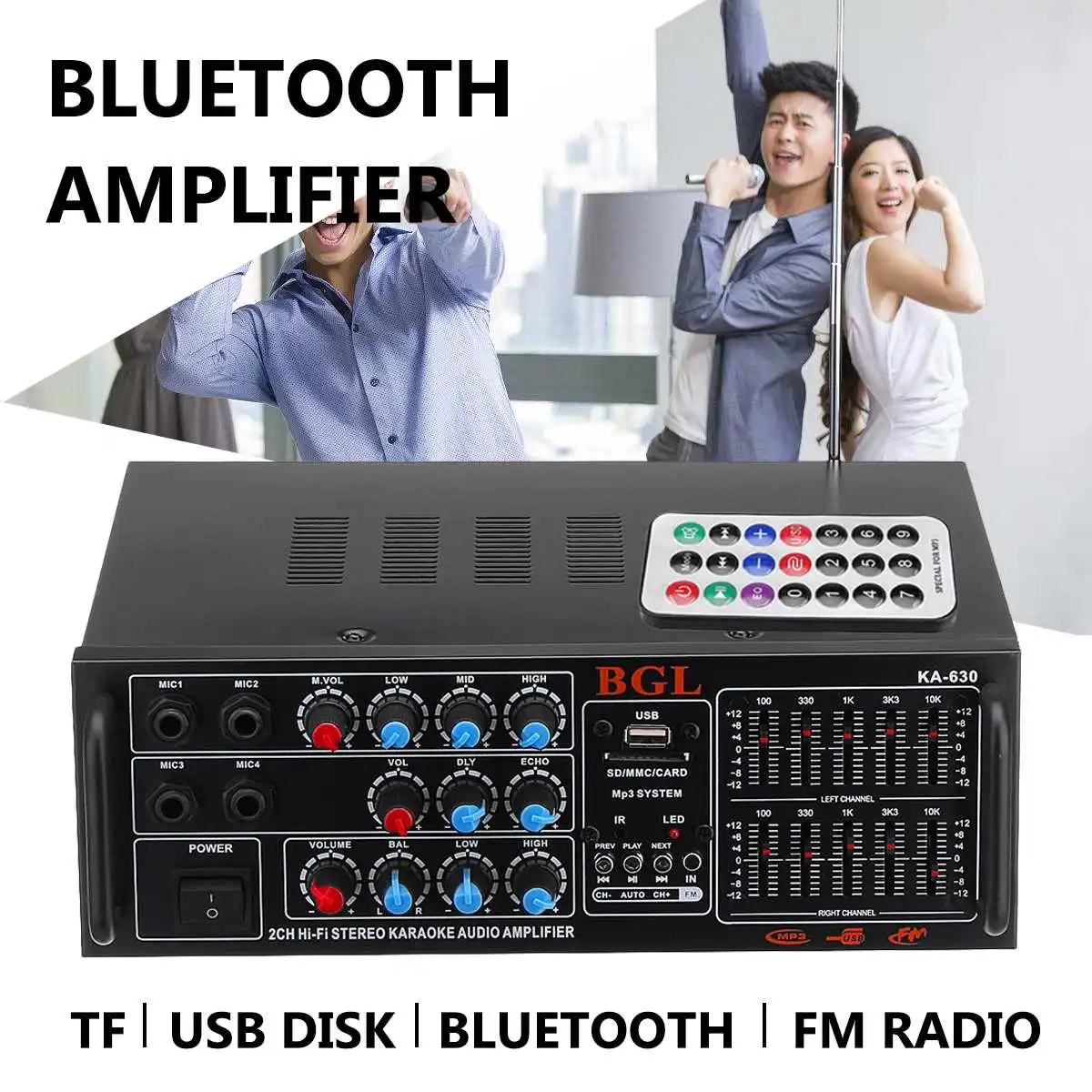 

KA-630 12V/ 220V 2CH EQ bluetooth Stereo Audio Amplifier Music Player With USB Disk/ SD FM For Car Home Karaoke Amplifiers