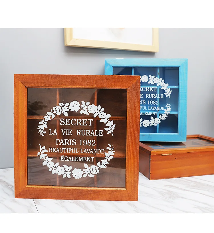 

Wooden Desktop Storage Box Square Rose Acrylic Ornament Case Jewelry Collection Case Jiugongge Princess Style Gift Package Box