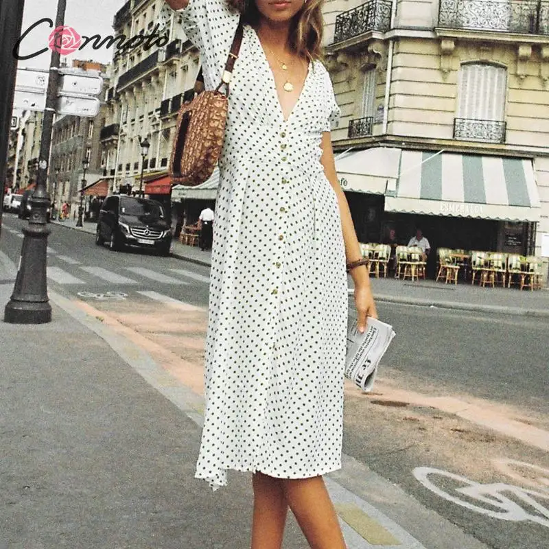 

Conmoto Vintage Polka Dot Summer Midi Dress Chiffon Beach Summer Women Dress 2019 Sexy V Neck Button Dress Vestidos