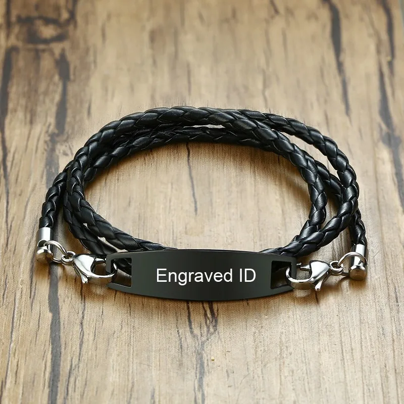 XUANPAI Handmade Stainless Steel Personalize Engraved Braided Lether Bracelets Identification Bracelet