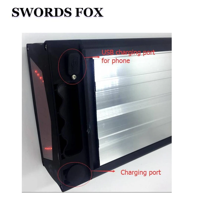 Top SWORDS FOXS Great 36v 48V 52V 20Ah 1000W Lithium ion with rear rack Electric Bike Battery USB Port 36v Battery With Tail Light 4