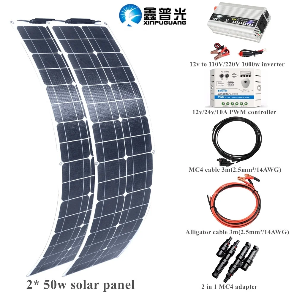 

2* 50W 100w ETFE flexible Monocrystalline Solar Panel system 1000W Inverter Controller Module for 12v Battery Charger Charging