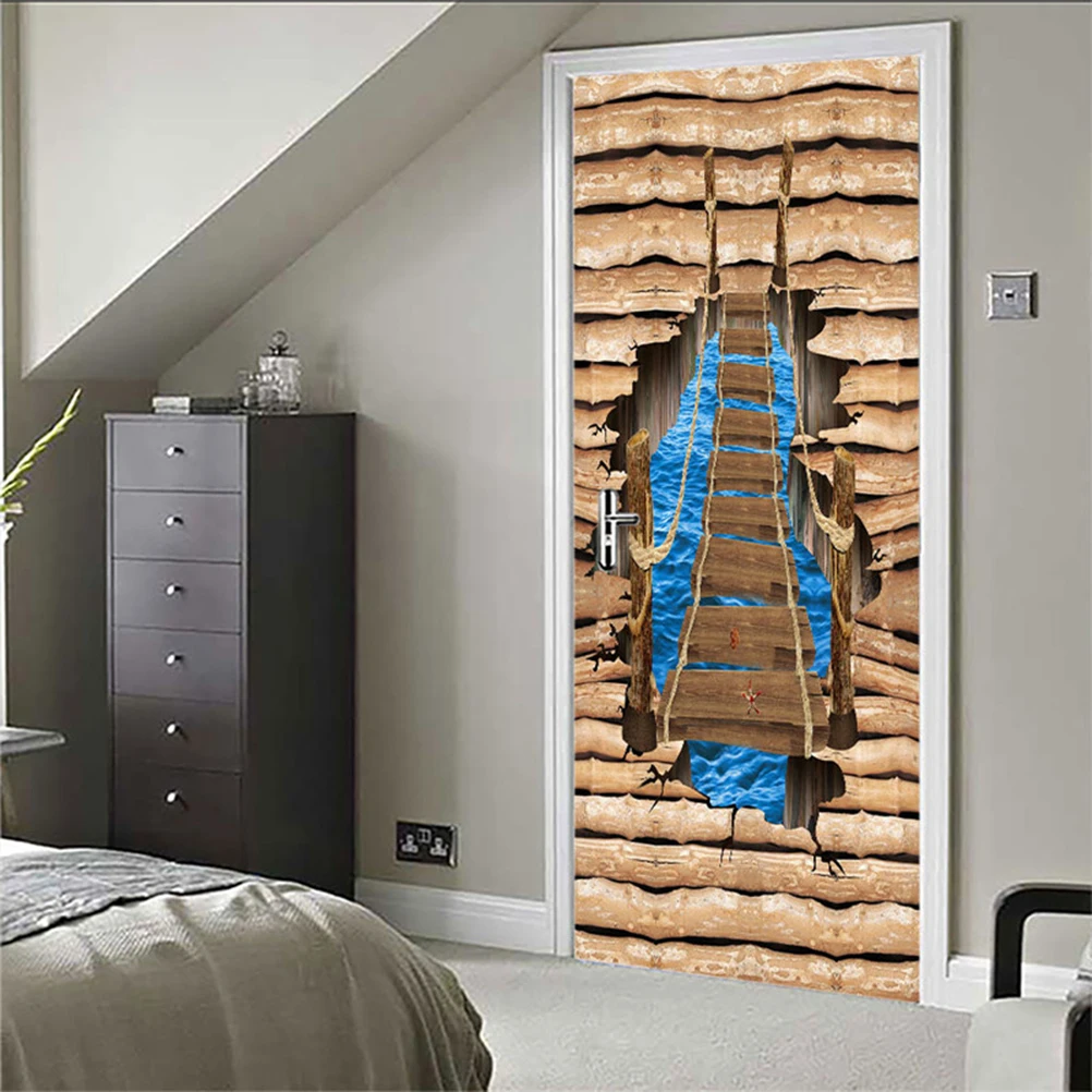 

3D Seaside Hanging Bridge Door Sticker Removable Peel & Stick Self Adhesive Door Mural Wallpaper Door Decals for Home Decoration