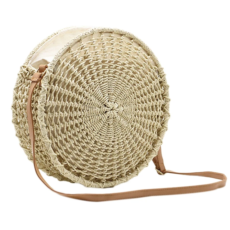 

Round Handwoven Straw Bag Openwork Hand-Woven Bag Shoulder Messenger Beach Travel Bags Bohemian Style Summer Women Bags