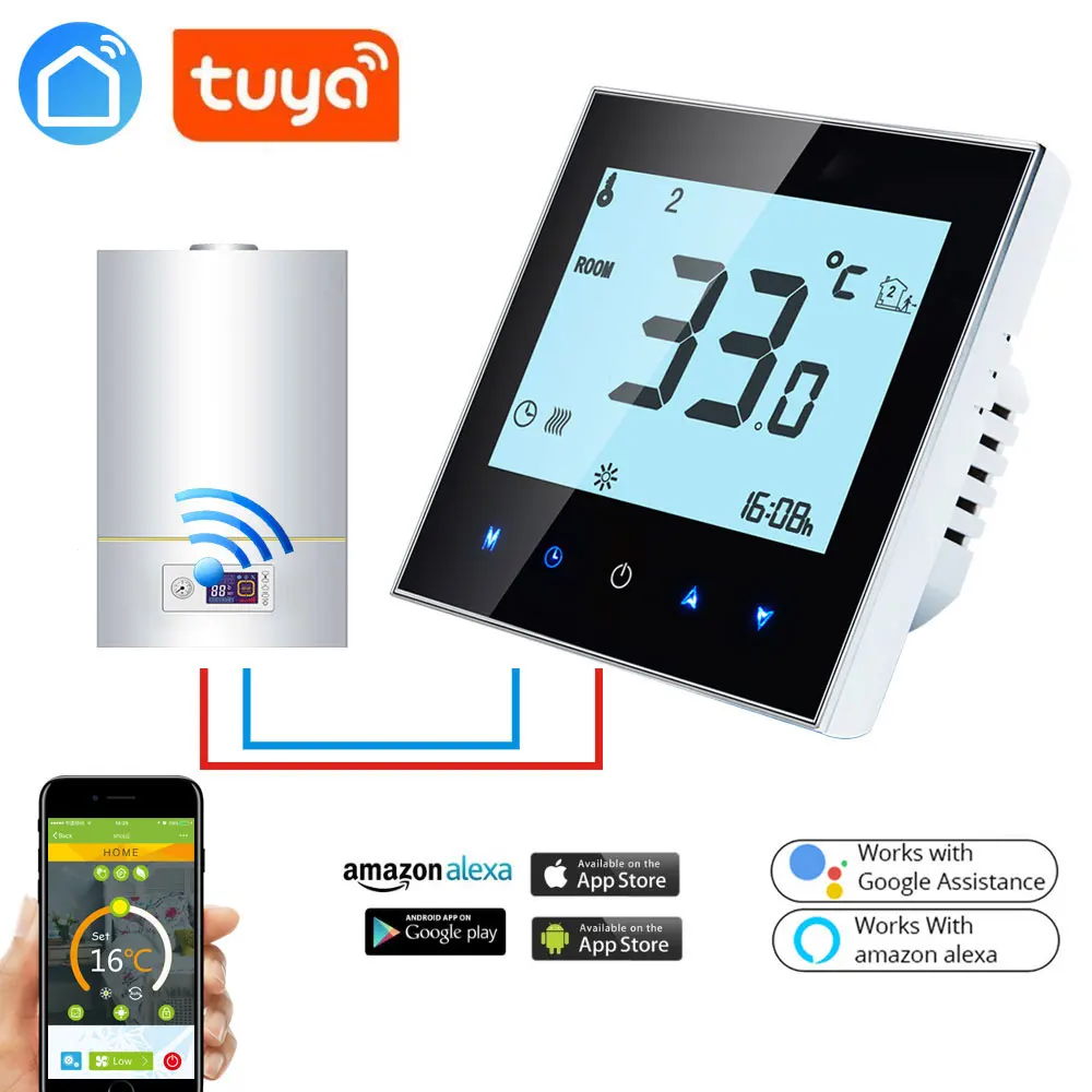 Online Controlador de temperatura del termostato inteligente WiFi colgado en la pared para la caldera de Gas funciona con Alexa Google Home