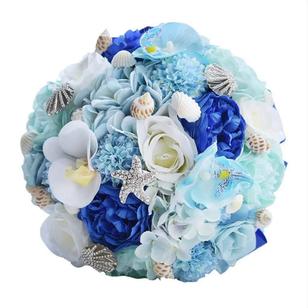

Romantic Wedding Bouquets For Brides,Beach Shell Blue Artificial Wedding Flowers Brooch Bridal Bouquets,Handmade Holding Flowe