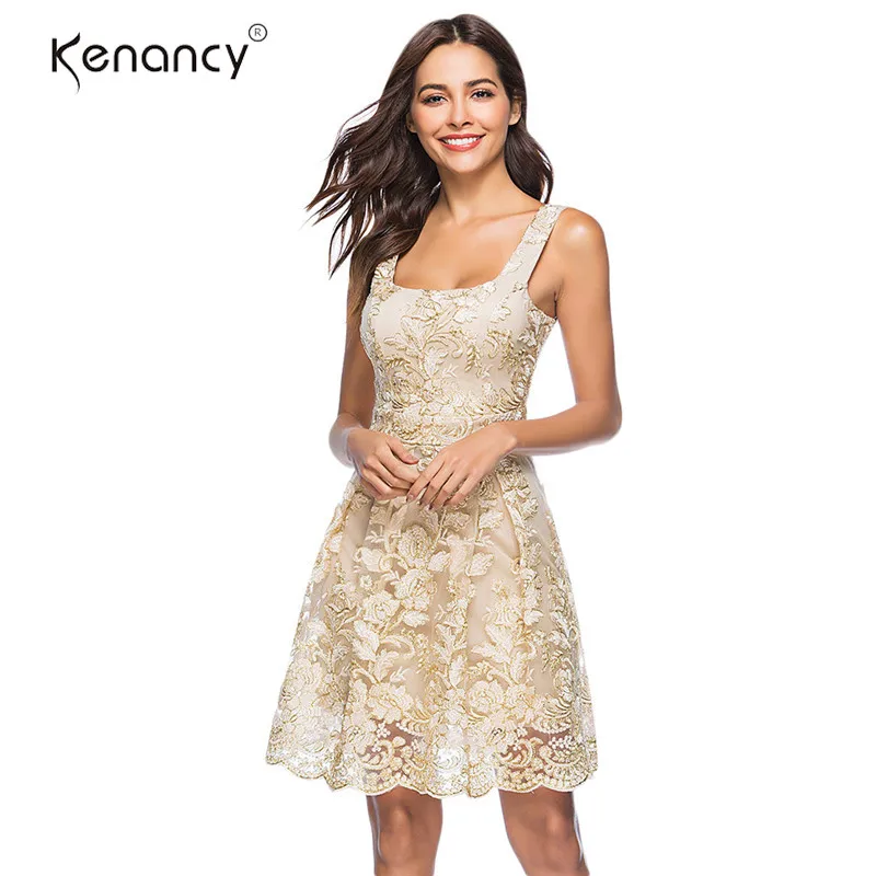 

Kenancy Women Dress Sexy Floral Embroidery Female Ruffle Sleeveless Dress